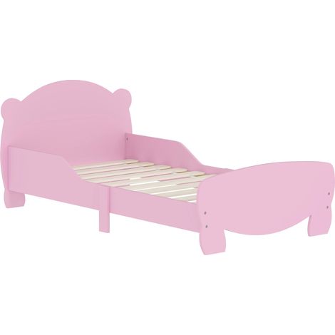 Lit Montessori pour enfants de 3 à 6 ans, lit simple 140 x 70 cm avec barrières anti-chute et sommier à lattes en bois en forme d'ours, rose