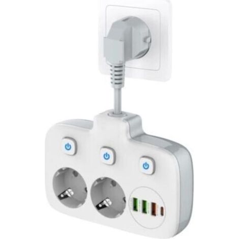 Power strip with single switch, power strip with 3 switches, double wall plug with 4 USB ports, power adapter with surge protection, cable length 0.2 m (1/4)