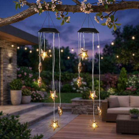 LED Solar Windspiel Hängeleuchte Gartenlampe Deko 6 flammig Außen Sterne, Metall, LED, H 70 cm, 2er Set