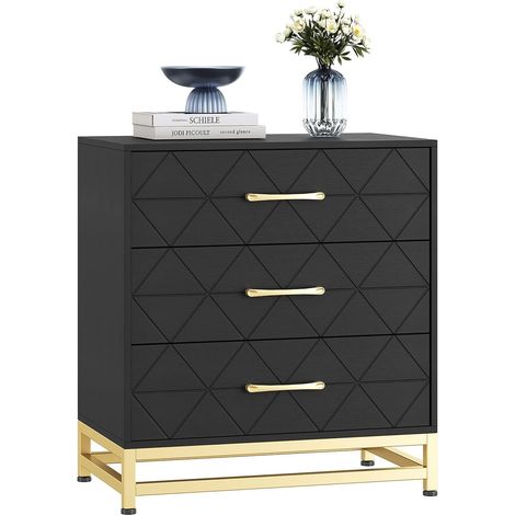 Commode Moderne Noire 3 Tiroirs avec Détails Dorés, Pieds en Métal, pour Chambre et Salon, H 73 cm (1/5)