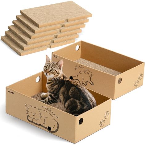 Griffoir Chat Carton Grattoir avec 2 Boîtes et 6 Carton Ondulé Recharge Jeux Chat Grand Résistant (1/5)
