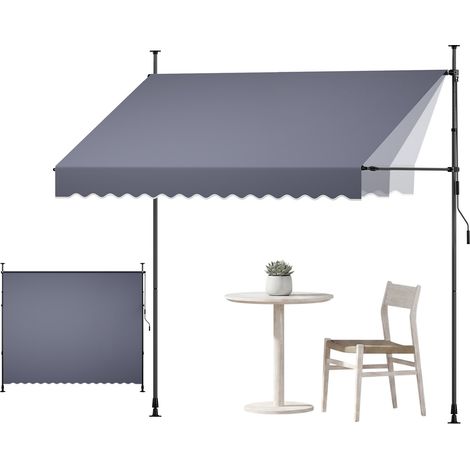 Store Banne Manuel sans Perçage Auvent Rétractable 300 cm pour Terrasse et Balcon, avec Manivelle, Hauteur Réglable 210-310 cm, Barres Latérales Réglables 110-150 cm, Angle 0°-90°, Gris Foncé (1/5)