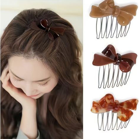 Lot de 4 peignes à cheveux tressés avec nœud, imitation acétate, marron foncé, pinces latérales (1/5)