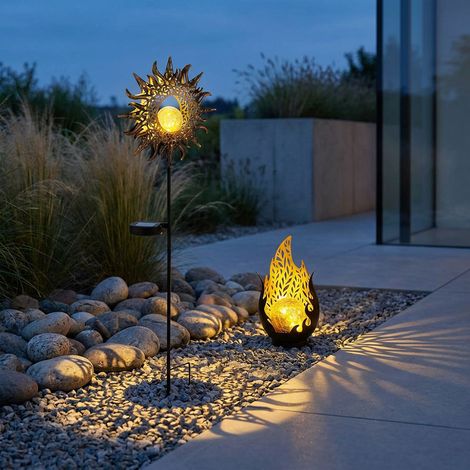 2x Steckleuchte Außenleuchte Gartenlampe Solar LED Deko Schwarz Gold Metall Glas (1/5)
