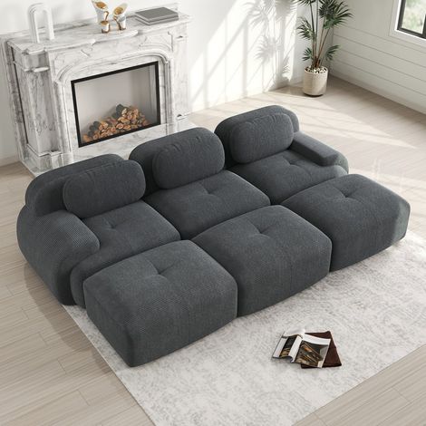 Divano modulare a 3 posti con 3 pouf - 298x178x75 cm - Senza telaio - Ergonomico - Contemporaneo - Velluto a coste grigio