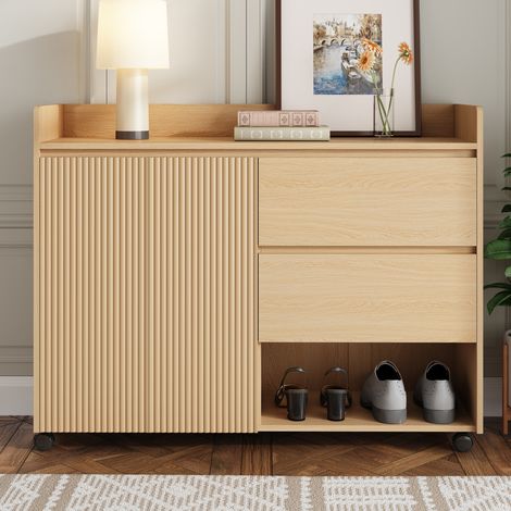 Meuble à chaussures 110x35x86 cm naturel en MDF avec roulettes freinées, étagères réglables, tiroirs et charnières amorties (1/5)