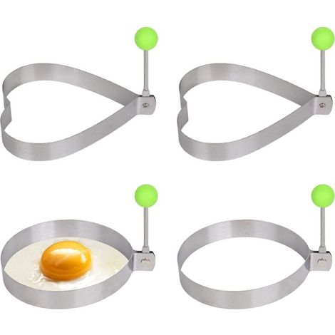 Ensemble de 4 moules à œufs acier inoxydable avec poignées résistantes chaleur, ronds et cœur, antiadhésifs. (1/5)