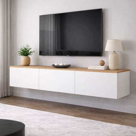 Schwebender TV-Schrank weiß mit Melamin in Eichenoptik – 150 x 30