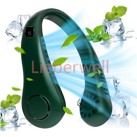 Ventilateur de cou suspendu Mini Ventilateur silencieux portable rechargeable par USB 5 vitesses de vent réglable , Vert (1/4)