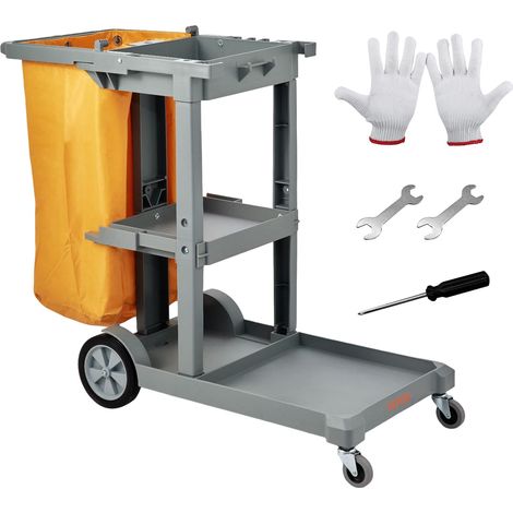 Chariot de Ménage 3 Étages Chariot de Nettoyage Lavage en PP avec Sac à Déchets PVC d'entretien Charge 90,7 kg Déplacement Fluide Range Outils d’Entretien Bureau Hôtel Gris (1/5)