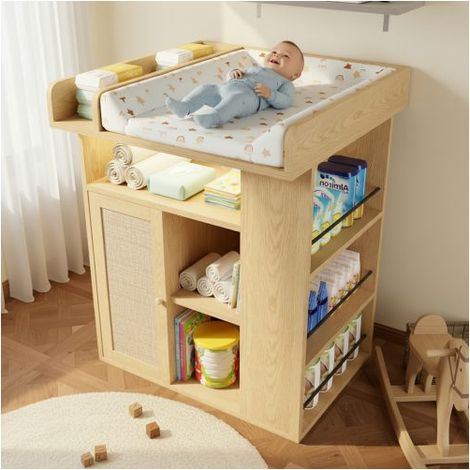 Table à langer en bois naturel, avec éclairage LED réglable, espace de rangement et espace à langer avec cloison