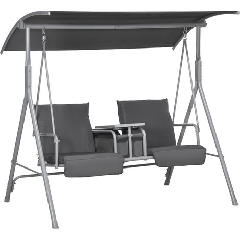 Balancelle de jardin 2 places avec auvent inclinable tablette centrale 2 porte-gobelets 175L x 112l x 158H cm gris