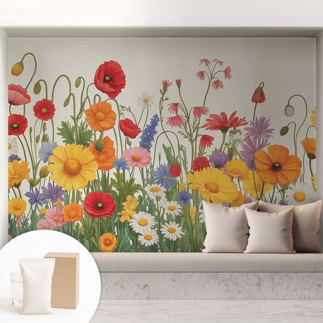Papier peint décoratif avec colle pour salon, chambre à coucher et bureau – Design moderne et facile à poser Prairie fleurie 208x146 cm (1/5)