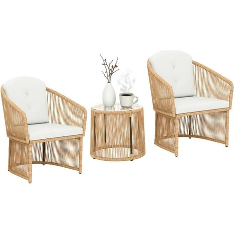 Ensemble bistro de jardin 3 pièces en rotin blanc crème, composé de fauteuils avec coussins et d'une table ronde à plateau vitré
