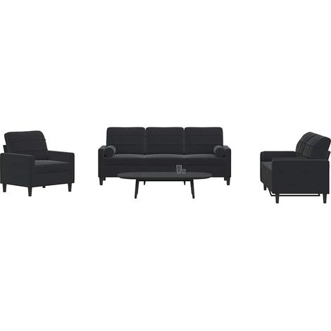 Ensemble canapé 3 pièces avec 4 coussins traversins, velours noir, fauteuil et canapés - PANGIVO (1/5)