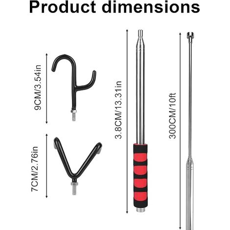 Telescopic Tool Telescopic Magnetic Bar with Hooks Magnet, 300 cm Extendable Pole Push Pull Grip Wire Recovery Disc Golf Hard Access Areas (1/4)