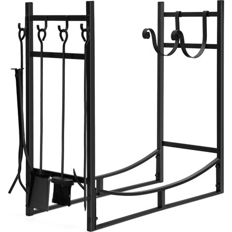 Porte-bûche en Fer avec 4PCS Serviteur de Cheminée et Support Amovible Range-bûche Charge 40kg pour Poêle Brasero Foyer (1/5)