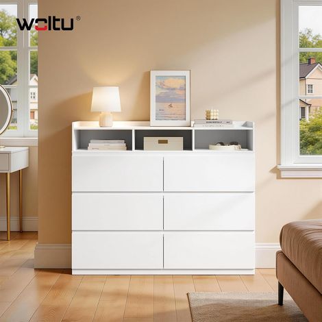 WOLTU Cómoda de 6 cajones, mueble de almacenamiento para dormitorios, salas de estar y recibidores, con 3 compartimentos abiertos y 1 estante elevado, blanco