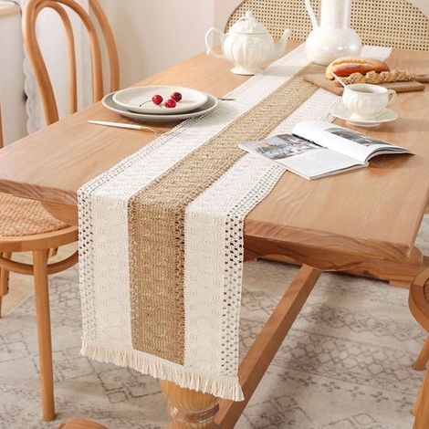 Runner da tavola in lino, cotone e lino, in stile boho, morbido runner da tavola da cucina con nappe, lavabile, per matrimoni, feste, decorazioni per case di campagna. (1/5)