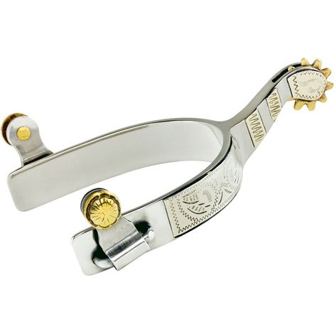 Speroni western in acciaio inox con decorazioni in alpacca completo di rotella