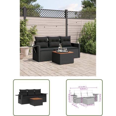 The Living Store 4-tlg. Garten-Sofagarnitur mit Kissen Schwarz Poly Rattan - Gartenmöbel Set - PE-Rattan Möbel - Outdoor Lounge - Esszimmergarnitur - Balkonmöbel (1/3)