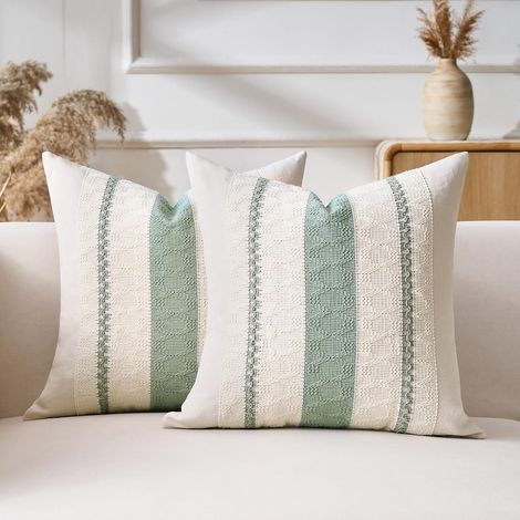 KOWOLL Housses de coussin vert sauge, style bohème, carrées, à rayures géométriques, en coton décoratif, 45 x 45 cm, pour canapé (1/5)