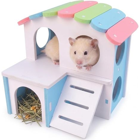 Wooden House For Hamster And Guinea Pig, Colorful Villa With Blue Roof For Small Animals And Earth Turtles, Comfortable Hideout And Decorative Habitat For Cage And Indoor Enclosure