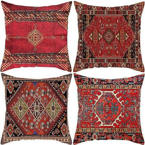 Lot de 4 taies d'oreiller décoratives 45x45 cm, housse coussin ethnique rouge à motif tribal, imprimé tapis, style bohème pour canapé, jeté de lit, coussin salon. (1/5)