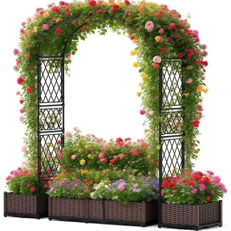 Garvee Arco da Giardino con 2 Fioriere Laterali, Pergolato 200x220cm in Metallo Rivestito in PE, Supporto per Rose e Piante Rampicanti, Decorazione per Ingressi Giardino e Matrimoni, Nero (1/5)