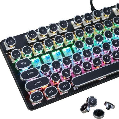 Clavier de jeu mécanique style machine à écrire avec rétroéclairage LED arc-en-ciel RGB, interrupteurs bleus, touches rondes rétro steampunk pour PC de jeu Windows (87 touches) (1/5)