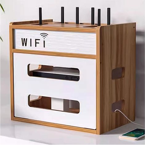 Boîte de rangement pour routeur, clôtures pour routeur électrique de bureau, support de stockage WiFi multicouche en bois, avec télécommande, support de stockage pour décodeur (couleur : marron, S : 3 (1/4)