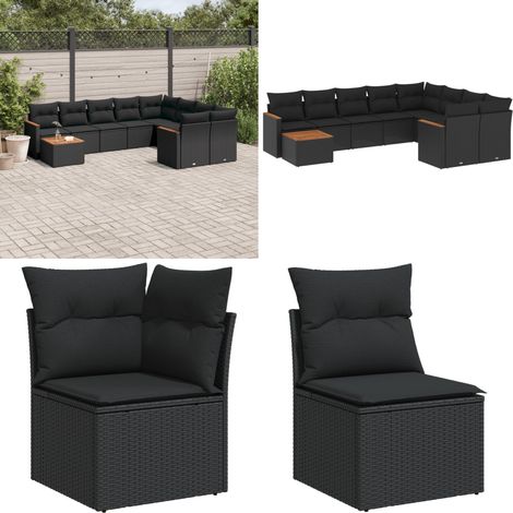 10-tlg. Garten-Sofagarnitur mit Kissen Schwarz Poly Rattan - Gartenmöbel Set - Outdoor Lounge - Rattan Gartenmöbel - Esstisch Set - Balkonmöbel - Home & Living (1/5)