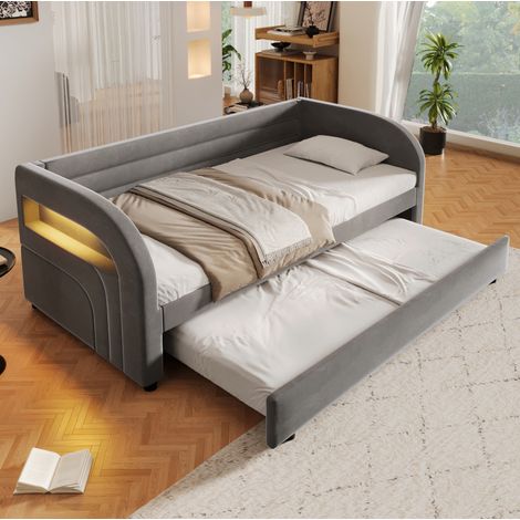 Letto estraibile per bambini 90x200 cm con illuminazione a LED, base a doghe, design salvaspazio, flanella grigia (1/5)