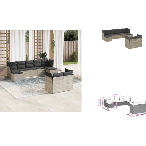 The Living Store 9-tlg. Garten-Sofagarnitur mit Kissen Hellgrau Poly Rattan - Gartensessel (1/3)