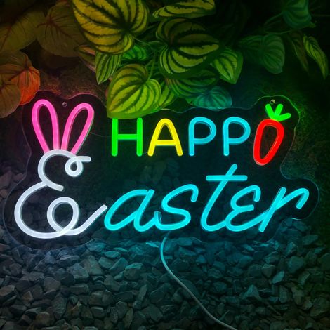 Guirlandes lumineuses néon « Joyeuses Pâques », en forme de lapin, intensité variable, idéales pour les murs, les chambres et les fenêtres. (1/5)