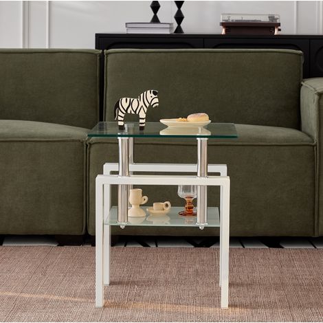 Lot de 2 tables d'appoint gigognes en verre trempé transparent, 2 niveaux, blanches (1/5)
