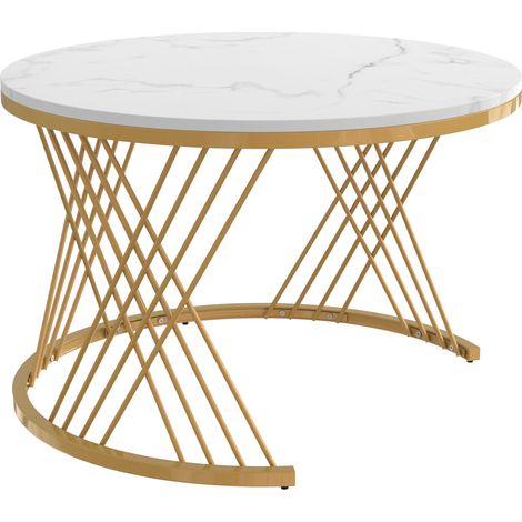 Table basse ronde 2-en-1 avec plateau effet marbre et tiroirs en rotin synthétique, pieds en métal doré - 70x70x45,5 et 50x50x38,5 cm (1/5)