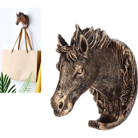 Tête de cheval antique en résine avec crochet mural doré pour manteaux et vêtements - Décoration pour salon, salle de bain ou cuisine