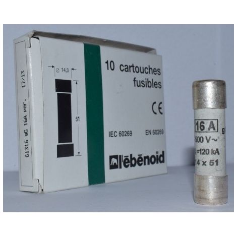 Fusible 16A cartouche 14X51mm gG usage industriel (boite de 10) HPC 120kA 500V avec voyant et percuteur EBENOID 061316 (1/2)