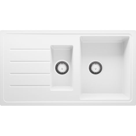 PRIMAGRAN Evier Cuisine en Granit 90x50cm, Lavabo 1,5 bacs + Kit de Vidage, Évier à Encastrer au meuble 60cm - Copenhague Duo, Blanc (1/5)