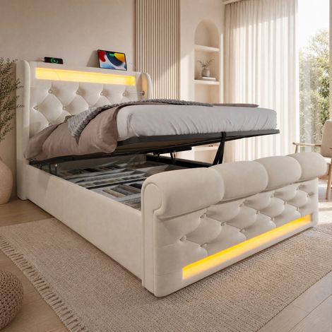 CHICFURN Cama canapé 90x200 cm de terciopelo beige con LED, USB-C, almacenaje y colchón (1/5)