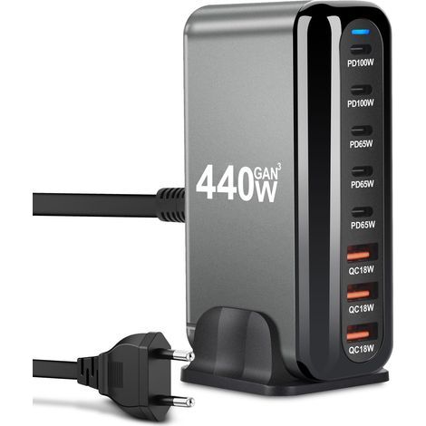 440 W 8-Port-USB-C-Ladegerät, GaN III-Ladestation, USB-C-Ladegerät mit 5 x USB-C PD + 3 x USB-A QC4.0, Schnellladegerät für Telefon 16/15/14 Pro Max, Samsung Galaxy, MacBook, Pad, Laptop (1/5)