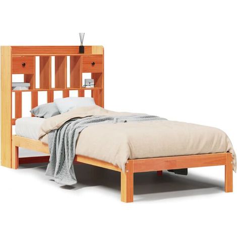 Lit bibliothèque, matelas ciré marron non inclus, 75 x 190 cm, pin massif. (1/5)