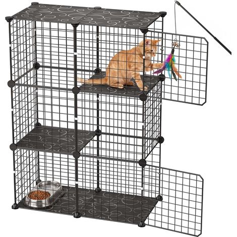 Cage Chat Intérieur 3 Niveaux 71,1x35,5x104,1 cm Enclos Chat Noir (1/5)