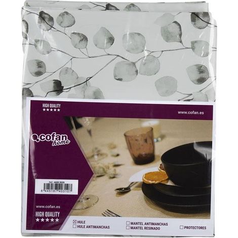 Hule con diseño moderno de hojas de eucalipto 140x140cm fabricado en PVC y polipropileno color gris y negro (1/4)