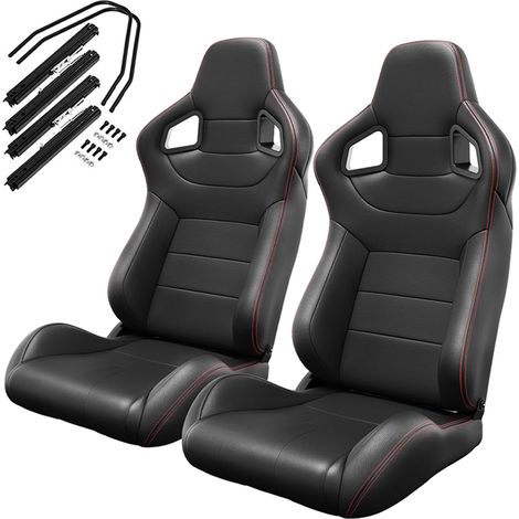 2 Rennsportsitze aus PVC, schwarz mit roten Nähten, verstellbar, mit Laufschienen (1/3)