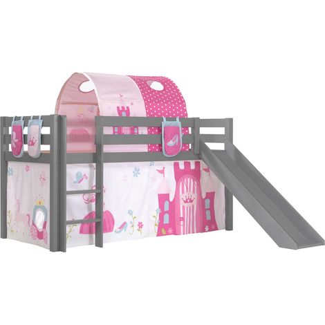 Lit toboggan 90x200 avec tente tunnel et 3 pochettes princesse pin massif gris Pino (1/3)