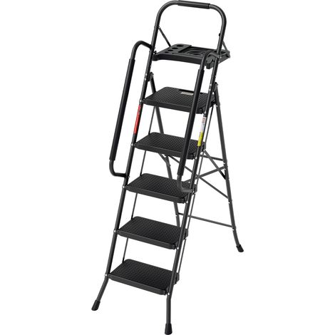 TolleTour Klappleiter 5 Stufen mit Handlauf und Werkzeugablage, breite Anti-Rutsch-Stufen, Stahlrahmen, 150 kg, faltbar, Schwarz, EN14183 (1/5)