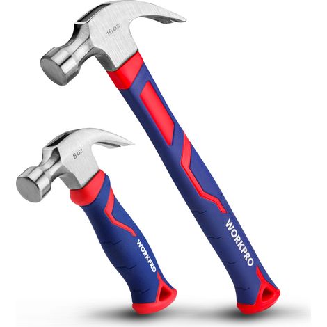WORKPRO Lot de 2 Marteaux de Charpentier 720 g et 340 g, Marteau Arrache-Clou avec Manche en Fibre de Verre, Marteau à Griffes pour Travaux du Bois, Rénovations, DIY (1/5)