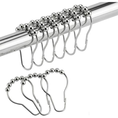 Anneaux de rideau de douche en acier inoxydable – 12 crochets antirouille avec rotules – installation facile – (argenté)
